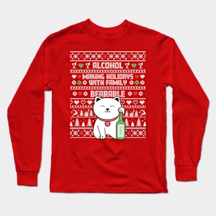 Ugly Christmas Sweater - Cute cat drinking alcohol Long Sleeve T-Shirt